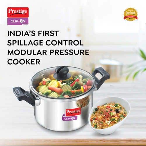 Prestige Clip-on Svachh Stainless Steel Spillage Control Pressure Cooker with Glass Lid, (Silver)
