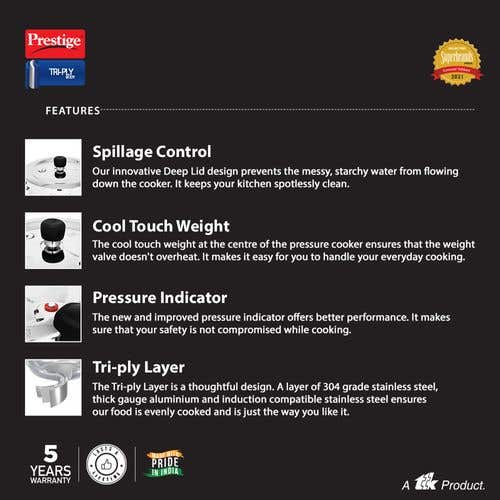 Prestige Svachh Triply Outer Lid Pressure Cooker with Unique Deep Lid for Spillage Control, Silver