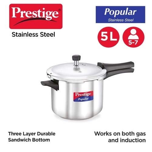 Prestige Popular Stainless Steel Gas and Induction Compatible Pressure Cooker (Silver)
