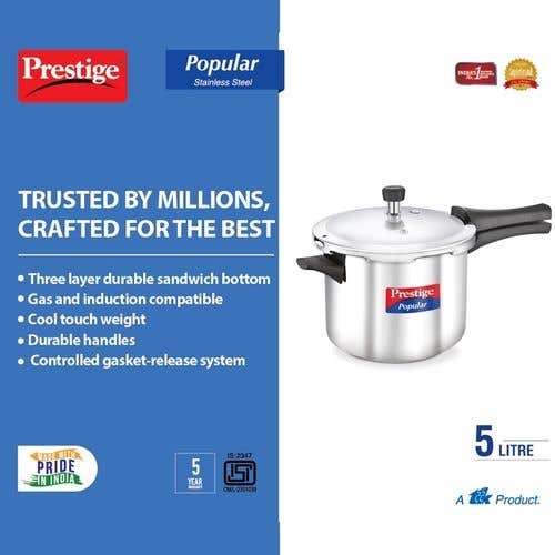 Prestige Popular Stainless Steel Gas and Induction Compatible Pressure Cooker (Silver)