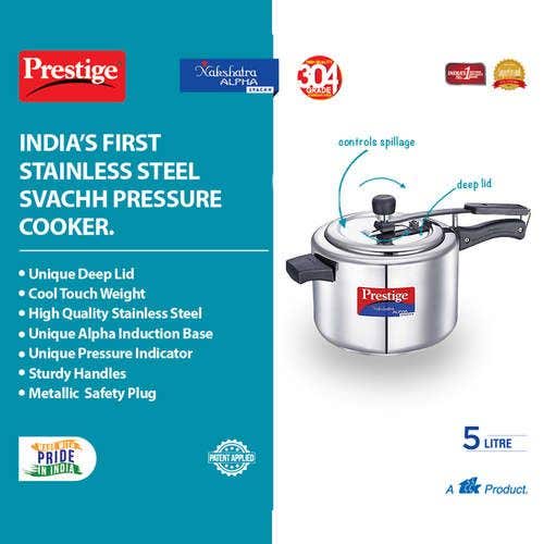 Prestige Nakshatra Alpha Svachh Stainless Steel Spillage Control Pressure Cooker (Silver)