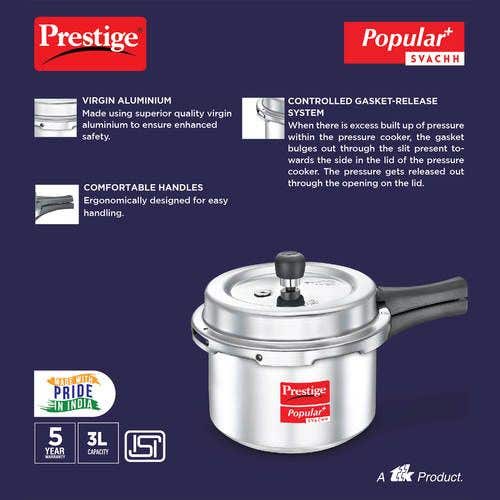 Prestige Popular Plus Svachh Virgin Aluminium Spillage Control Pressure Cooker (Silver)