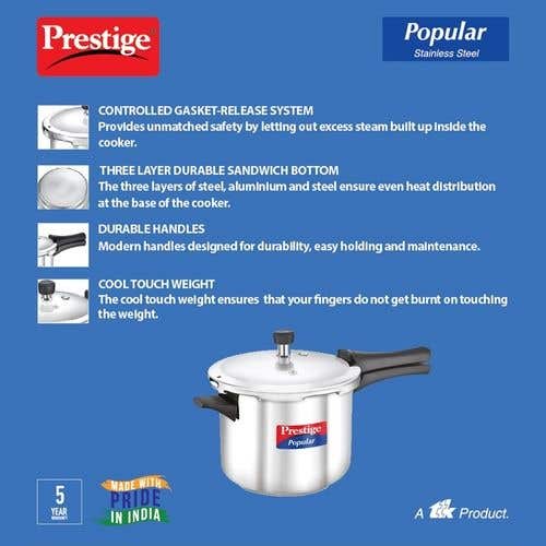 Prestige Popular Stainless Steel Gas and Induction Compatible Pressure Cooker (Silver)