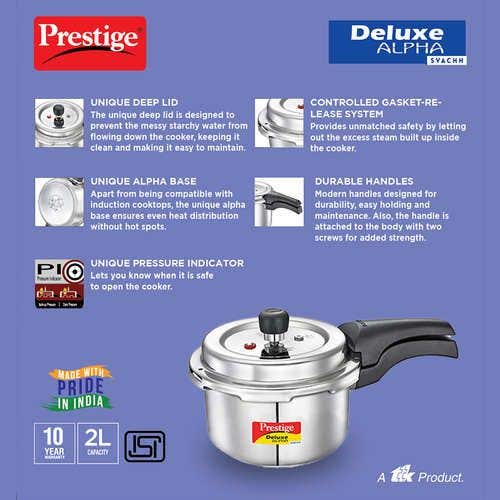Prestige Deluxe Alpha Svachh Stainless Steel Spillage Control Pressure Cooker (Silver)Handi with Glass lid 1.5L