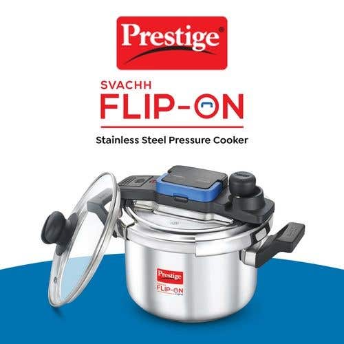 Prestige Svachh Flip-on Stainless Steel Spillage Control Pressure Cooker with Glass Lid, (Silver)