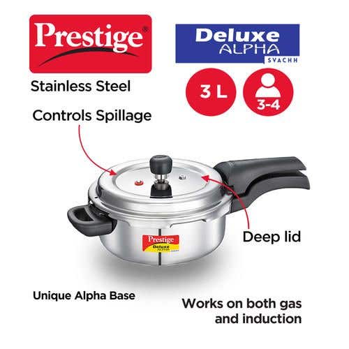 Prestige Deluxe Alpha Svachh Stainless Steel Spillage Control Pressure Cooker (Silver)Handi with Glass lid 1.5L