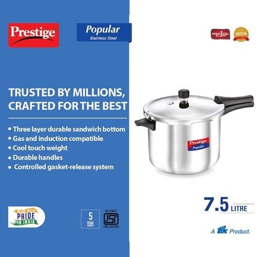 Prestige Popular Stainless Steel Gas and Induction Compatible Pressure Cooker (Silver)