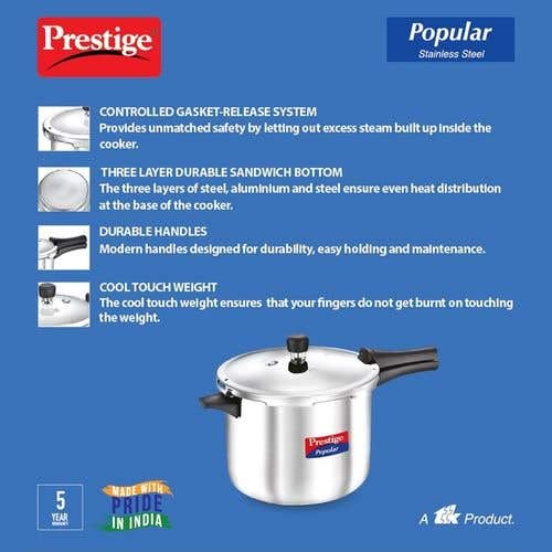 Prestige Popular Stainless Steel Gas and Induction Compatible Pressure Cooker (Silver)