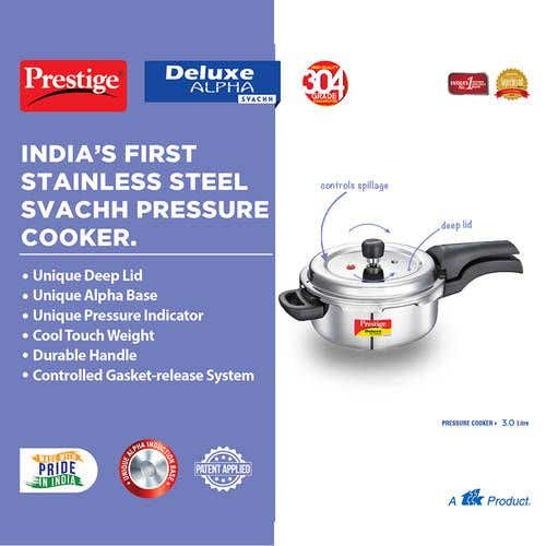 Prestige Deluxe Alpha Svachh Stainless Steel Spillage Control Pressure Cooker (Silver)Handi with Glass lid 1.5L