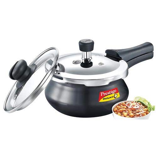 Prestige Deluxe Duo Plus Hard Anodised Gas and Induction Compatible Pressure Handi with Glass Lid, (Black)