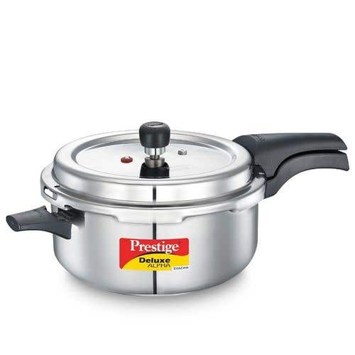Prestige Deluxe Alpha Svachh Stainless Steel Pressure Cooker with Spillage Control Deep Lid - Silver