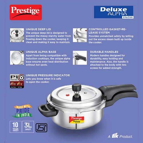 Prestige Deluxe Alpha Svachh Stainless Steel Spillage Control Pressure Cooker (Silver)Handi with Glass lid 1.5L
