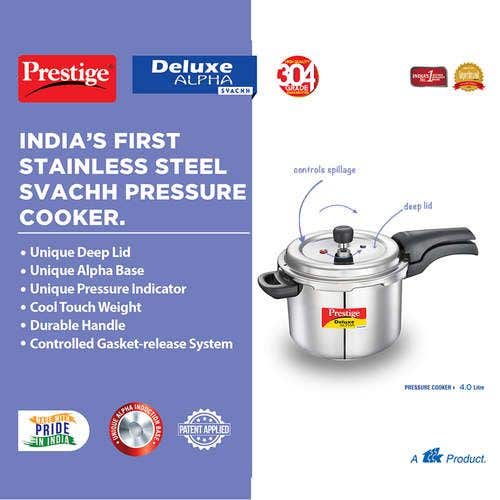 Prestige Deluxe Alpha Svachh Stainless Steel Spillage Control Pressure Cooker (Silver)Handi with Glass lid 1.5L