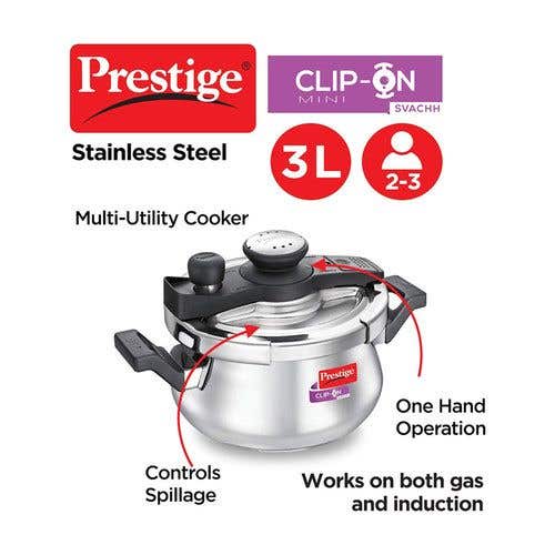 Prestige Clip-on Mini Svachh Stainless Steel Spillage Control Pressure Cooker with Glass Lid, (Silver)