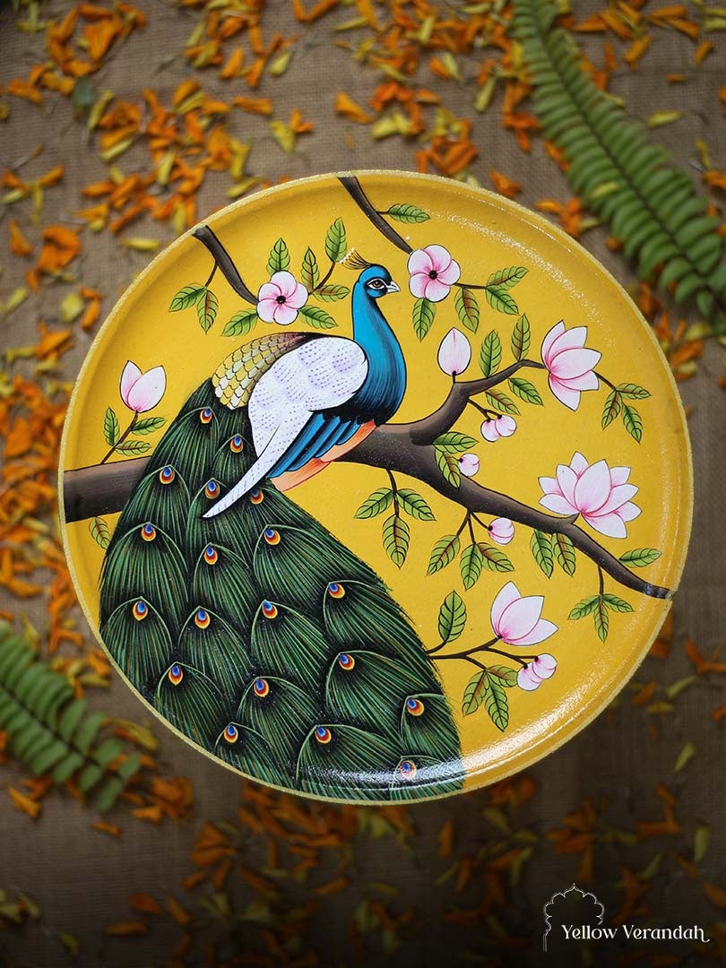 Pichwai Peacock Handpainted Wall Plate - 9"