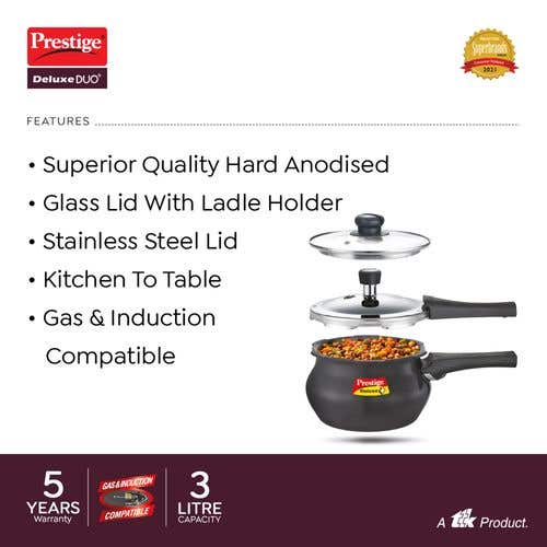 Prestige Deluxe Duo Plus Hard Anodised Pressure Cooker with 1 Glass Lid and 1 Stainless Steel Lid, (Black)