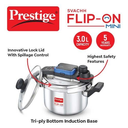 Prestige Svachh Flip-on Stainless Steel Gas and Induction Compatible Pressure Cooker with Glass Lid, (Silver)