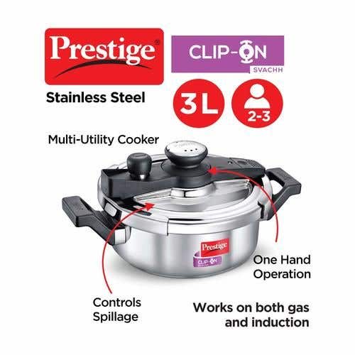Prestige Clip-on Svachh Stainless Steel Spillage Control Pressure Cooker with Glass Lid, (Silver)