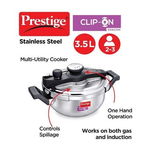 Prestige Clip-on Svachh Stainless Steel Spillage Control Pressure Cooker, (Silver)