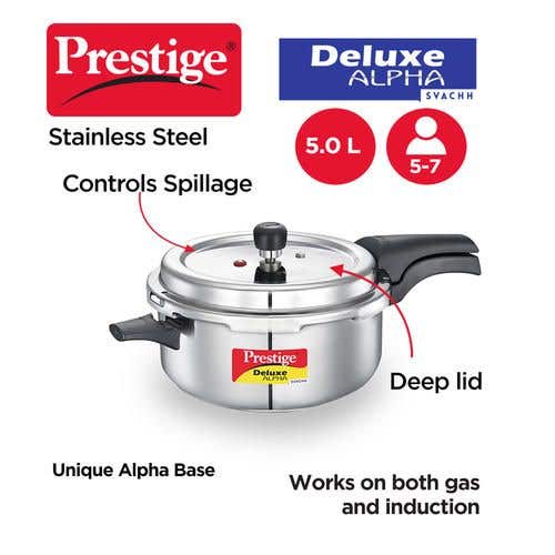 Prestige Deluxe Alpha Svachh Stainless Steel Pressure Cooker with Spillage Control Deep Lid - Silver