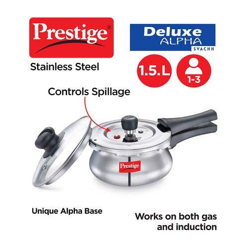 Prestige Deluxe Alpha Svachh Stainless Steel Spillage Control Pressure Cooker (Silver)Handi with Glass lid 1.5L