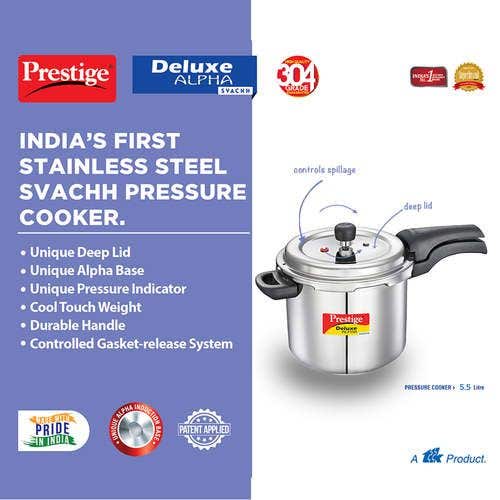 Prestige Deluxe Alpha Svachh Stainless Steel Spillage Control Pressure Cooker (Silver)Handi with Glass lid 1.5L