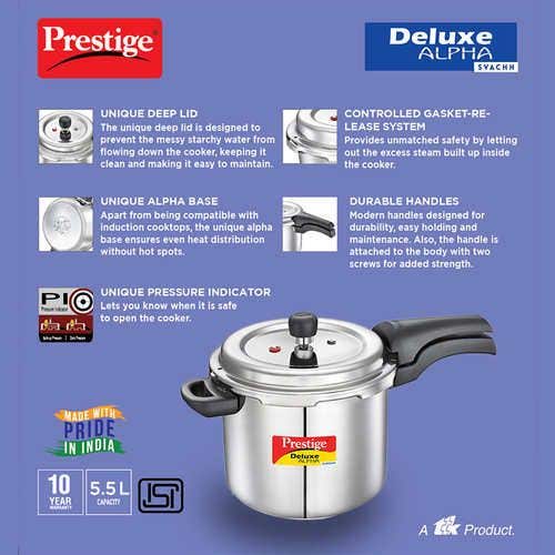 Prestige Deluxe Alpha Svachh Stainless Steel Spillage Control Pressure Cooker (Silver)Handi with Glass lid 1.5L