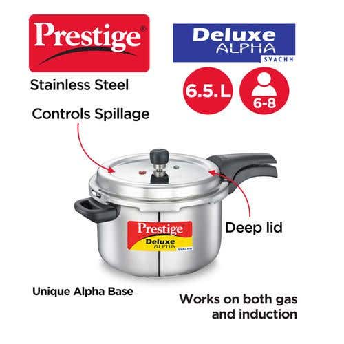 Prestige Deluxe Alpha Svachh Stainless Steel Spillage Control Pressure Cooker (Silver)Handi with Glass lid 1.5L
