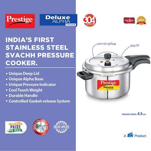 Prestige Deluxe Alpha Svachh Stainless Steel Spillage Control Pressure Cooker (Silver)Handi with Glass lid 1.5L