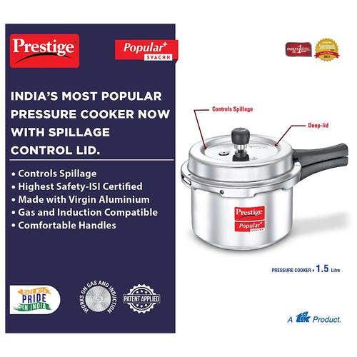 Prestige Popular Plus Svachh Virgin Aluminium Spillage Control Pressure Cooker (Silver)
