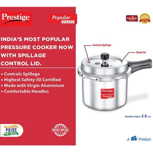 Prestige Popular Svachh Virgin Aluminium Gas and Induction Compatible Pressure Cooker, (Silver)