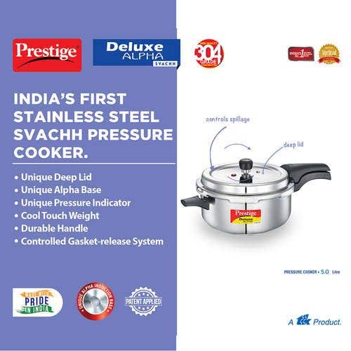 Prestige Deluxe Alpha Svachh Stainless Steel Pressure Cooker with Spillage Control Deep Lid - Silver