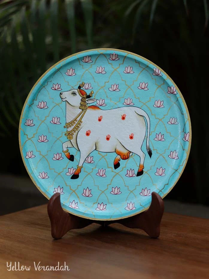 Pichwai Jaali Leaping Cow Handpainted Wall Plate - 10