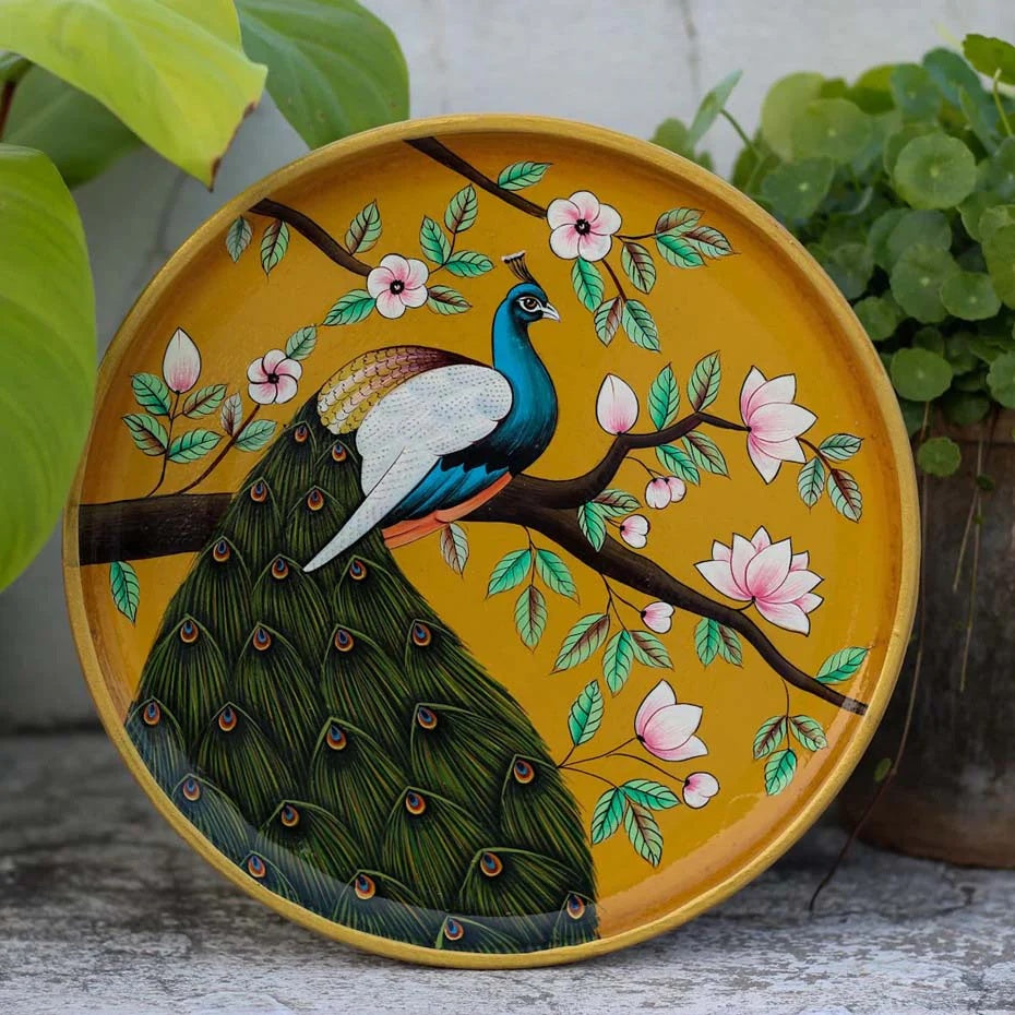 Pichwai Peacock Handpainted Wall Plate - 9"