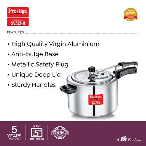 Prestige Nakshatra Svachh Aluminium Inner Lid Pressure Cooker with Unique Deep Lid for Spillage Control, 8 L