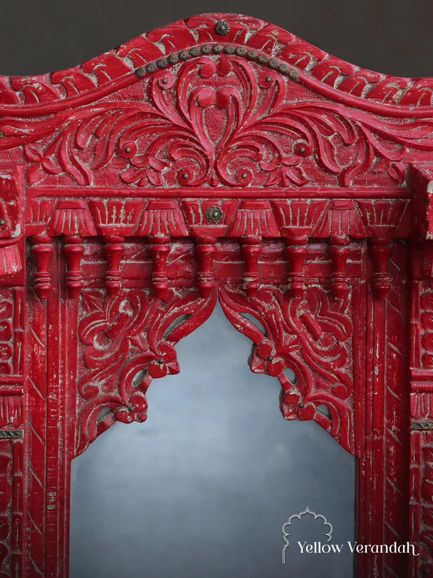 Wooden Jharokha Mirror - Red