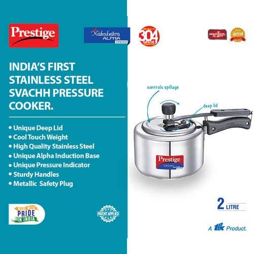 Prestige Nakshatra Alpha Svachh Stainless Steel Spillage Control Pressure Cooker (Silver)