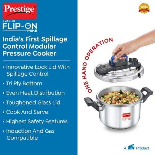 Prestige Svachh Flip-on Stainless Steel Gas and Induction Compatible Pressure Cooker with Glass Lid, (Silver)