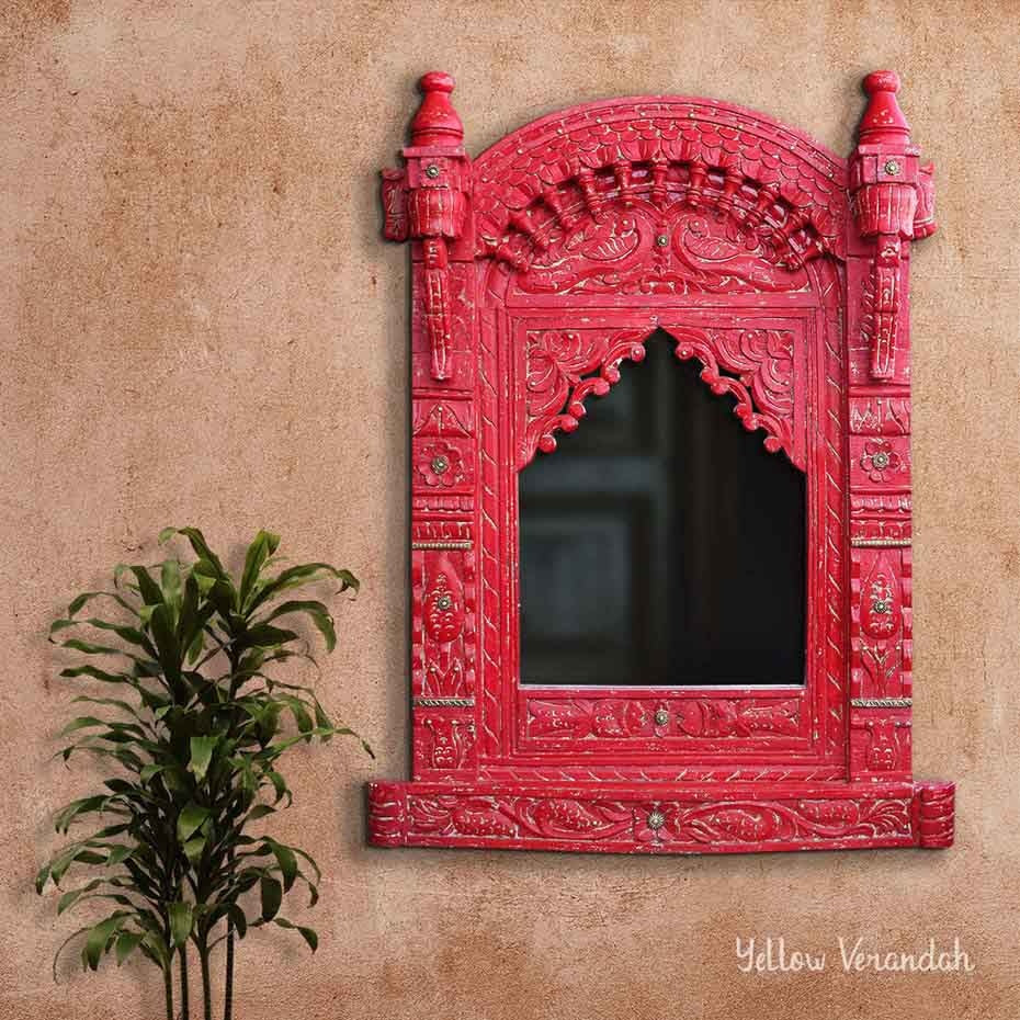 Wooden Jharokha Mirror - Red