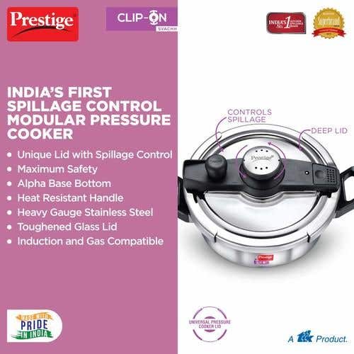 Prestige Clip-on Svachh Stainless Steel Spillage Control Pressure Cooker with Glass Lid, (Silver)
