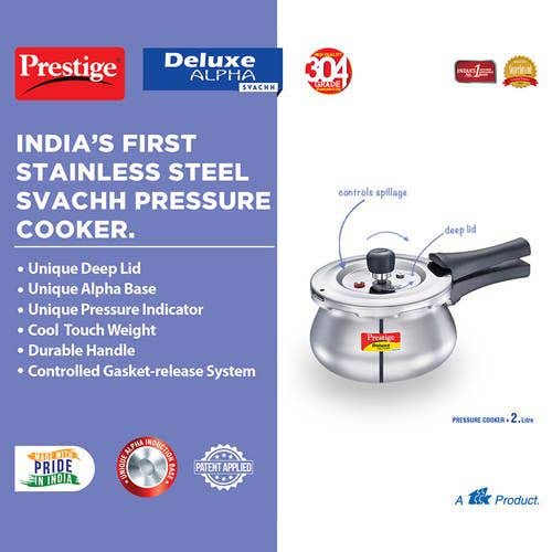 Prestige Deluxe Alpha Svachh Stainless Steel Spillage Control Handi Pressure Cooker (Silver)