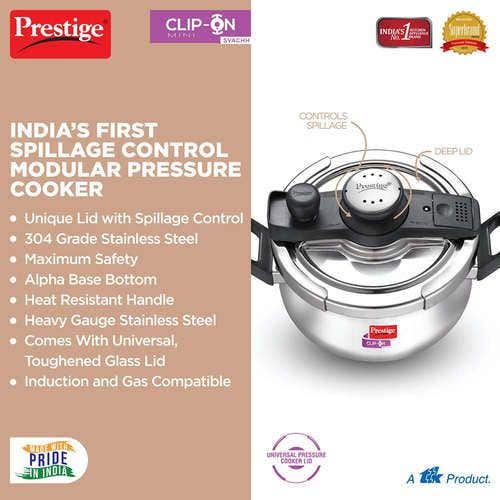 Prestige Clip-on Mini Svachh Stainless Steel Spillage Control Pressure Cooker with Glass Lid, (Silver)
