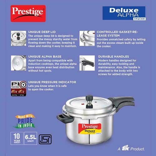 Prestige Deluxe Alpha Svachh Stainless Steel Spillage Control Pressure Cooker (Silver)Handi with Glass lid 1.5L
