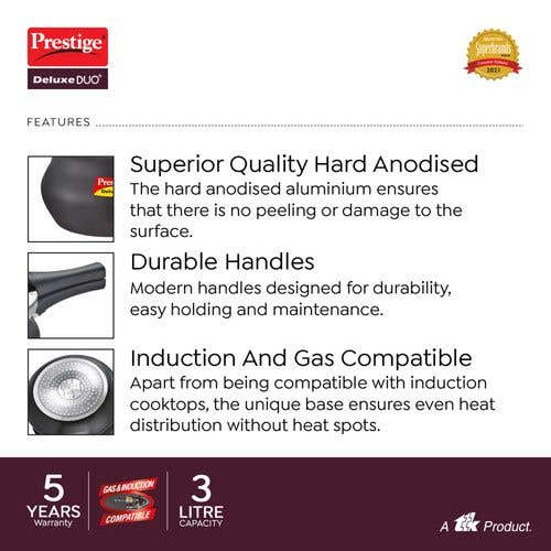 Prestige Deluxe Duo Plus Hard Anodised Pressure Cooker with 1 Glass Lid and 1 Stainless Steel Lid, (Black)