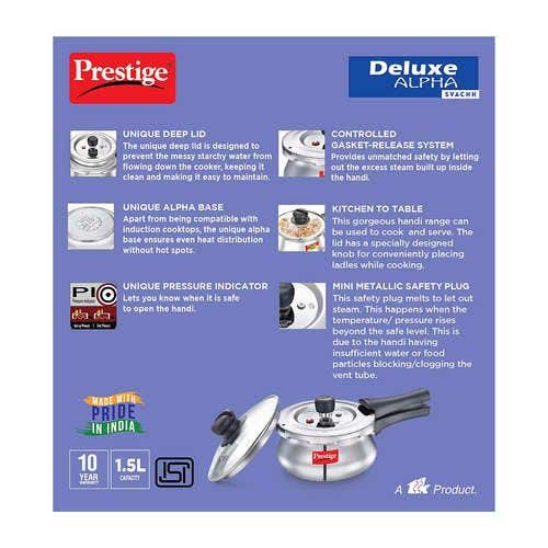 Prestige Deluxe Alpha Svachh Stainless Steel Spillage Control Pressure Cooker (Silver)Handi with Glass lid 1.5L
