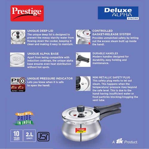 Prestige Deluxe Alpha Svachh Stainless Steel Spillage Control Handi Pressure Cooker (Silver)