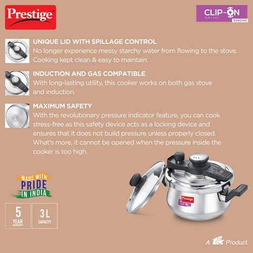 Prestige Clip-on Mini Svachh Stainless Steel Spillage Control Pressure Cooker with Glass Lid, (Silver)