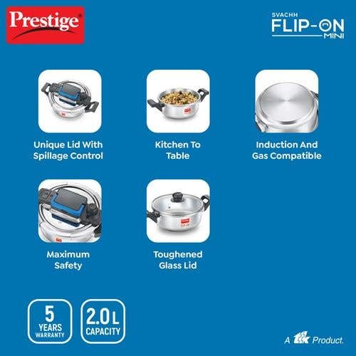 Prestige Svachh Flip-on Stainless Steel Spillage Control Pressure Cooker with Glass Lid, (Silver)