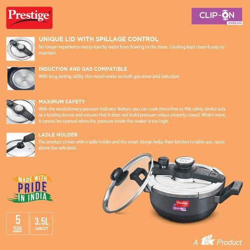 Prestige Clip-on Svachh Hard Anodised Spillage Control Pressure Cooker (Black)