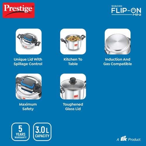 Prestige Svachh Flip-on Stainless Steel Gas and Induction Compatible Pressure Cooker with Glass Lid, (Silver)